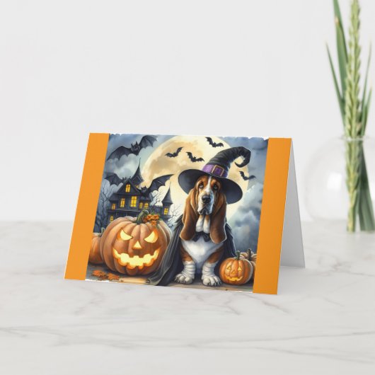 Carte de Halloween de sorcière de chien mignon (Devant)