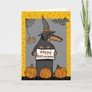 Carte de Halloween de sorcière de teckel