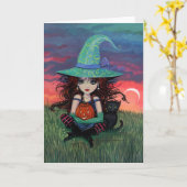 Carte de Halloween de sorcière et chat (Fleur jaune)