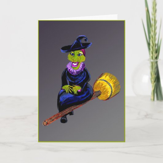 Carte de Halloween de sorcière heureuse volant sur (Devant)