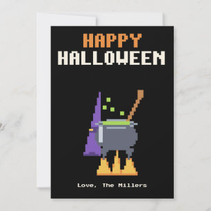 Carte de Halloween en pixel art de chaudron de sor