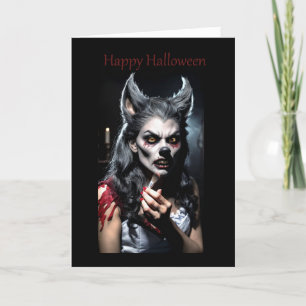 Carte de Halloween : Loup-Garou Féminin Se Maquill