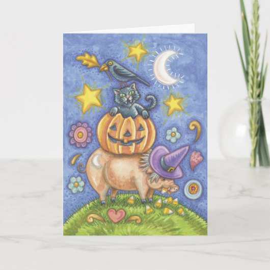 Carte de Halloween, porc, chat noir, citrouille, (Devant)
