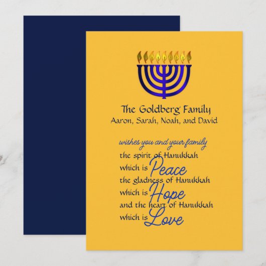 Carte de Hanukkah Blue Menorah (Devant / Derrière)