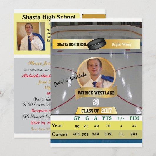 Carte de hockey W/Stats Grad Invitations - or (Devant / Derrière)