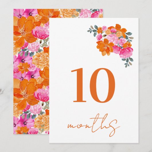 Carte de jalon de bébé rose et orange de 10 mois (Devant / Derrière)