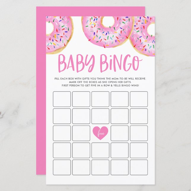 Carte de jeu Baby shower Bingo Donuts Rose (Devant / Derrière)