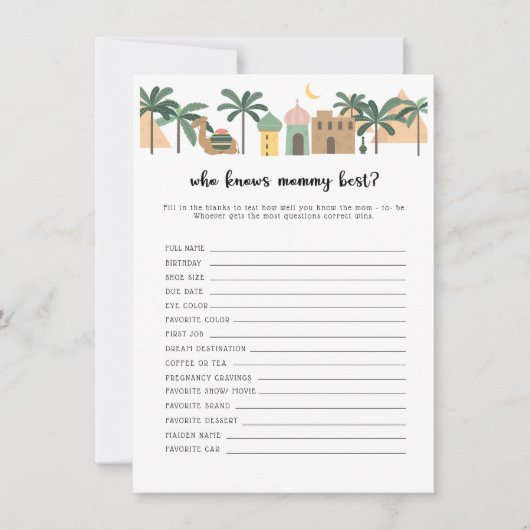 Carte de jeu Baby Shower dans le désert: Qui conna (Devant)