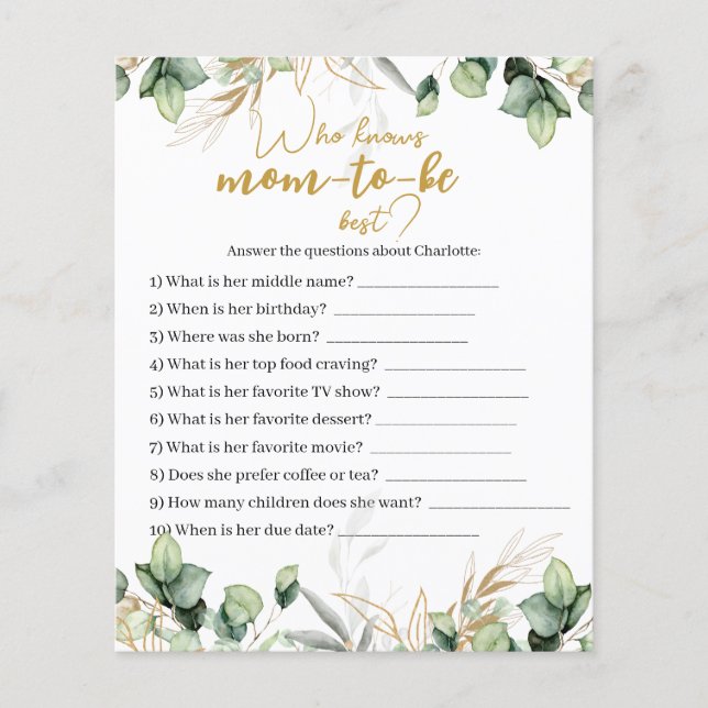 Carte de jeu Baby shower Eucalyptus Green (Devant)