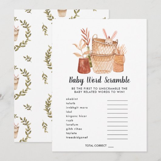 Carte de jeu baby shower Word Scramble (Devant / Derrière)