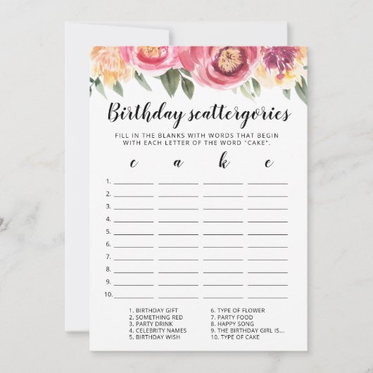Carte de jeu Birthday Scattergories modifiable (Devant)
