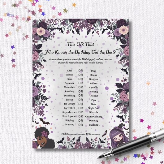 Carte de jeu "Ceci ou Cela" pour une fille d'anniv