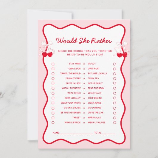 Carte de jeu 'Cherry Bridal Shower Would She Rathe (Devant)