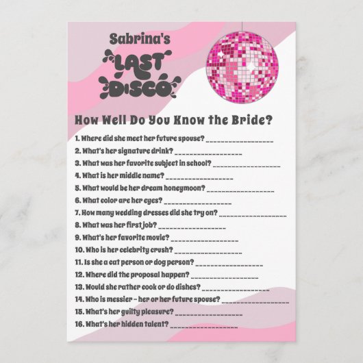 Carte de jeu Combien Connaissez-Vous la Mariée Bac (Devant)