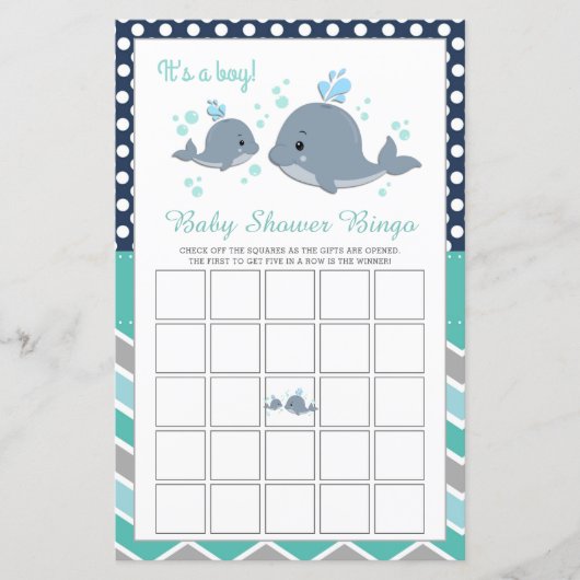 Carte de jeu de Baby shower de bingo pour baleine  (Devant)
