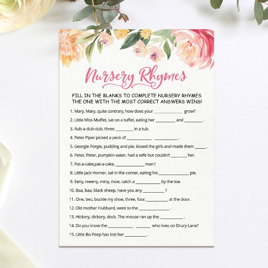 Carte de jeu de Baby shower de la Nursery Rhyme