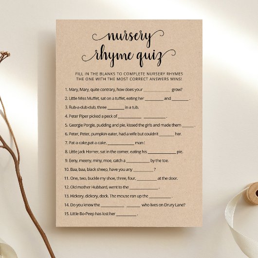 Carte de jeu de Baby shower de la Nursery Rhyme
