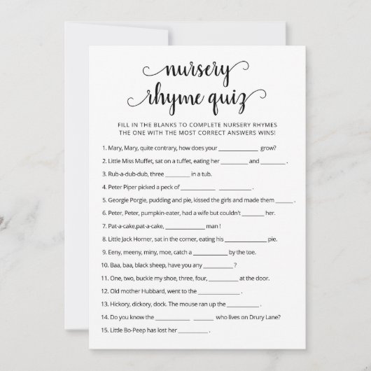 Carte de jeu de Baby shower de la Nursery Rhyme (Devant)