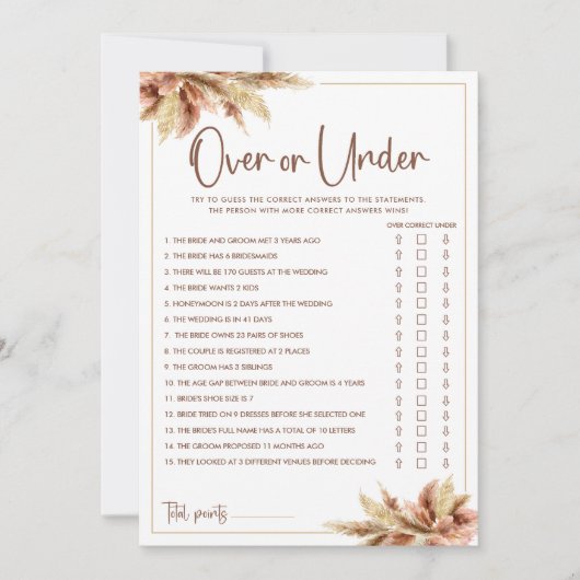 Carte de jeu de Baby Shower Pampas Grass Over & Un (Devant)