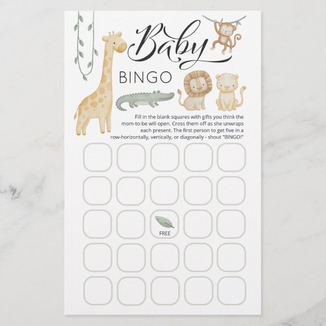Carte de jeu de bingo pour bébé Safari Animals Bab (Devant)