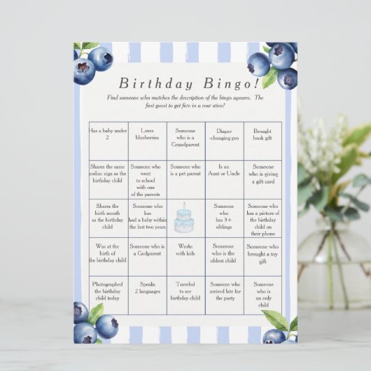 Carte de jeu de Bingo pour invité avec des bleuets (Debout devant)