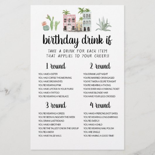 Carte de jeu de boisson pour fête d'anniversaire m (Devant)