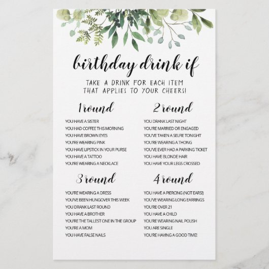 Carte de jeu de boisson pour fête d'anniversaire m (Devant)
