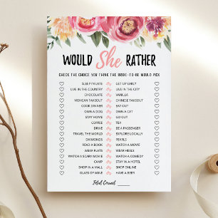 Carte de jeu de bridal shower 'Would She Rather' p