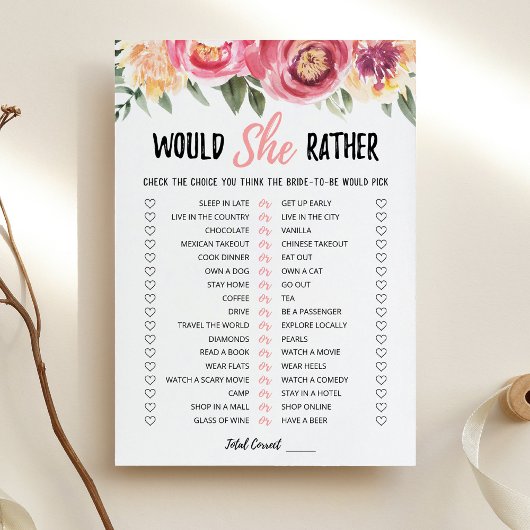 Carte de jeu de bridal shower 'Would She Rather' p