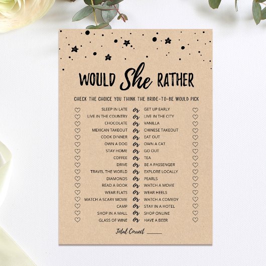 Carte de jeu de bridal shower 'Would She Rather' p