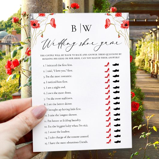 Carte de jeu de chaussure de mariage florale rouge