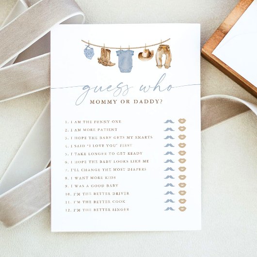 Carte de jeu de devinette pour Baby Shower Cowboy
