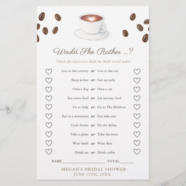 Carte de jeu de douche de mariage "Café ou autre" (Devant)