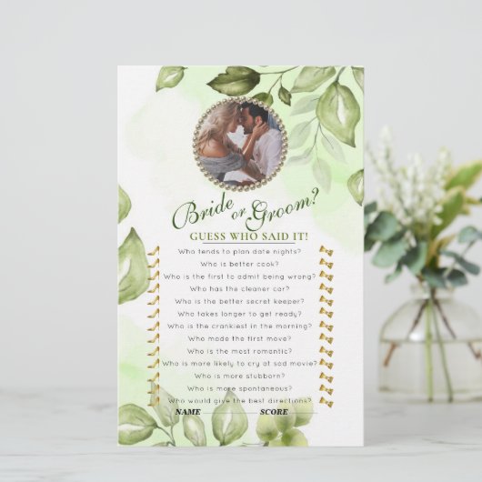 Carte de jeu de douche nuptiale verte (Debout devant)