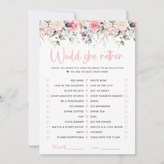 Carte de jeu de mariage 'Blush Floral Would She Ra (Devant)