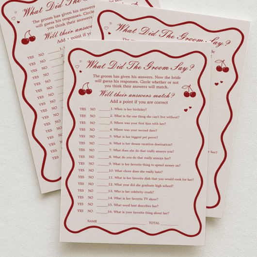 Carte de jeu de mariage Cherry pour deviner ce qu'