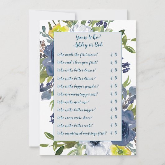 Carte de jeu de mariage floral bleu jaune (Devant)