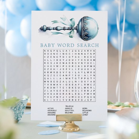 Carte de jeu de mots cachés Bébé garçon hochet ble