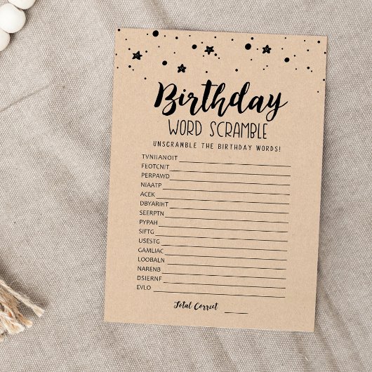 Carte de jeu de mots mêlés d'anniversaire avec rép