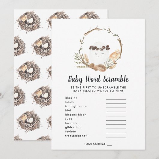 Carte de jeu de mots mêlés pour Baby Shower (Devant / Derrière)