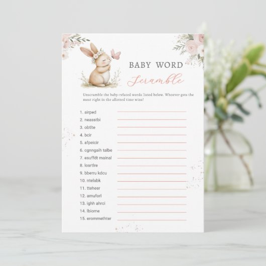 Carte de jeu de mots mêlés pour Baby Shower Bunny (Debout devant)