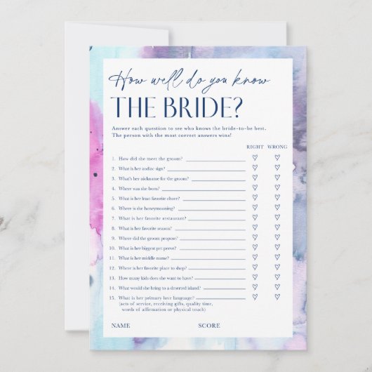 Carte de jeu de questionnaire de douche de mariage (Devant)