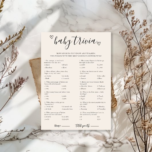 Carte de jeu de quiz bébé pour baby shower
