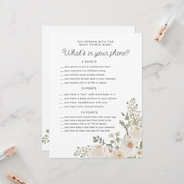 Carte de jeu de téléphone de Baby shower floral iv (Devant/Arrière en situation)