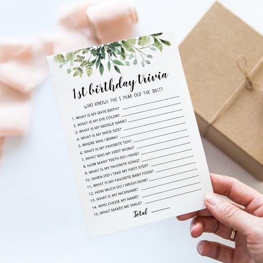 Carte de jeu de trivia modifiable pour 1er anniver