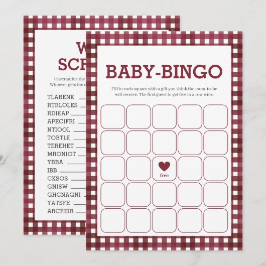 Carte de jeu double pour Baby Shower Gingham Rusti (Devant / Derrière)
