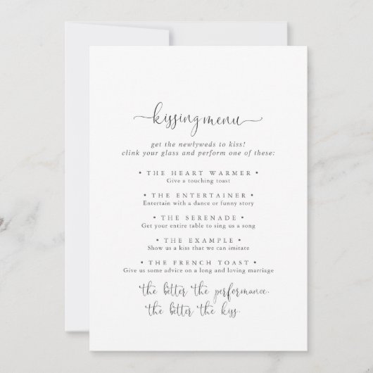 Carte de jeu Fancy Script Mariage Kissing Menu (Devant)
