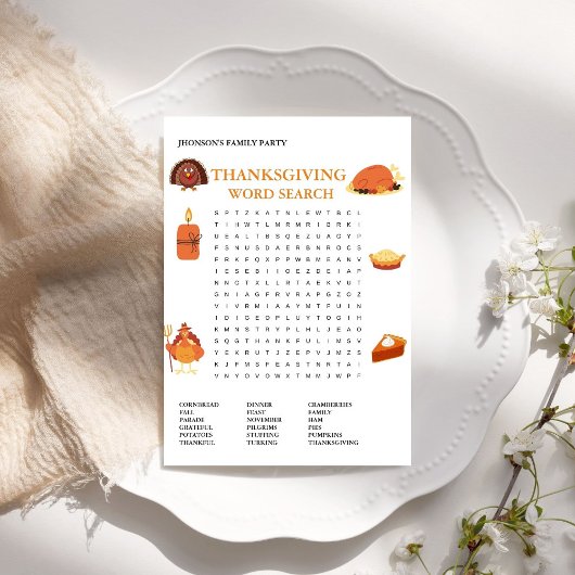 Carte de jeu moderne Thanksgiving Word Search