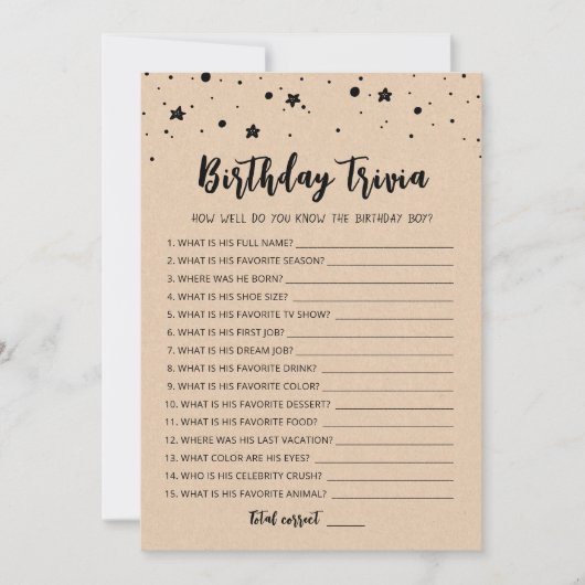 Carte de jeu modifiable pour l'anniversaire Trivia (Devant)