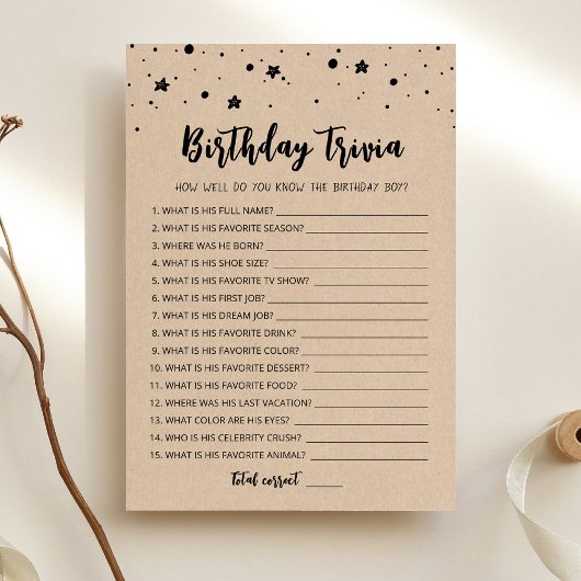 Carte de jeu modifiable pour l'anniversaire Trivia